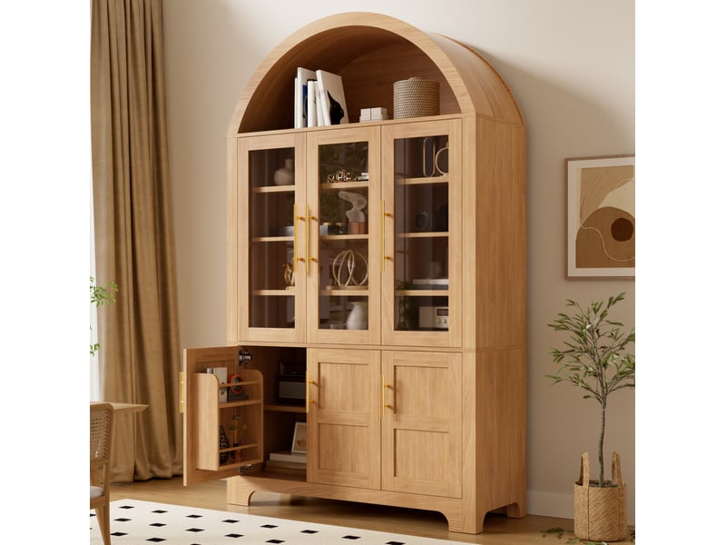Buffet haut moderne 110x40x185 cm avec niche ouverte en arc, 3 portes vitrées, tablettes réglables, mdf, naturel - Conforama E