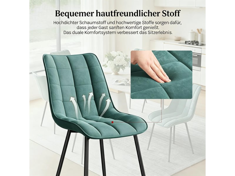 Chaise de salle à manger 2 pièces en velours avec dossier ergonomique et pieds métalliques, bleu canard - Conforama E