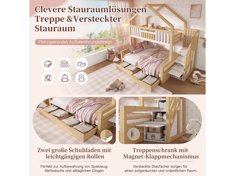  Lit superposé enfant 90 x 200 cm structure en bois escalier intégré 2 tiroirs de rangement toit à pignon finition blanche et chêne conforme à la norme en 747  - Conforama E