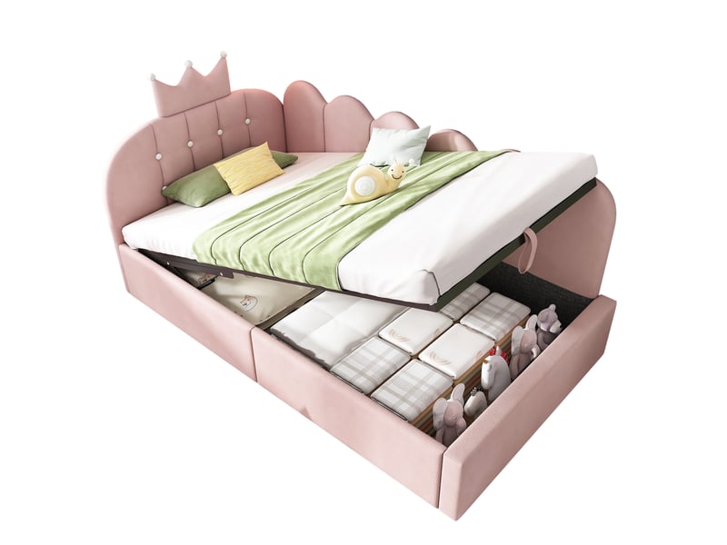  Lit banquette coffre 90 × 190 cm en velours rose, rangement hydraulique et tête en l motif couronne Fay Lum - Conforama A