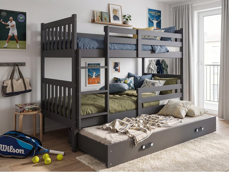  Lit superposé 3 places kacper 90x190 cm + lit tiroir 80x180 cm interbeds - bois massif de pin - gris  - Conforama D