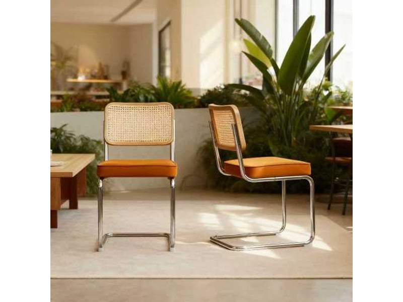  Ensemble 2 chaises de salle à manger velours et rotin, pieds chromés, style mid-century breuer, assises tapissées  - Conforama D
