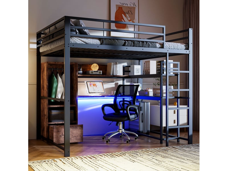  Lit mezzanine 140x200 cm led intégrées bureau tiroir rangements garde-corps escalier métal mdf sans matelas noir  - Conforama D