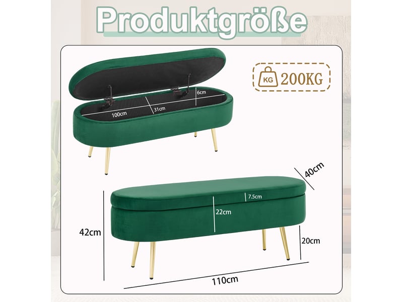  Banc de rangement 110x40x42 cm, coffre 20 l, pieds en bois, pour la chambre et le salon, assise en velours, vert foncé  - Conforama C