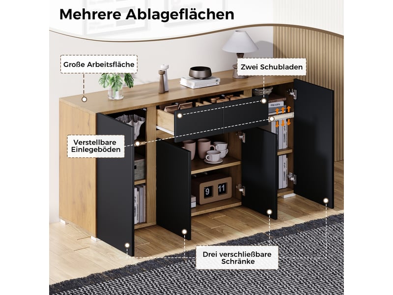  Buffet moderne 140 cm noir et bois en mdf, 4 portes, 2 tiroirs et étagères réglables, faible profondeur 35 cm  - Conforama R