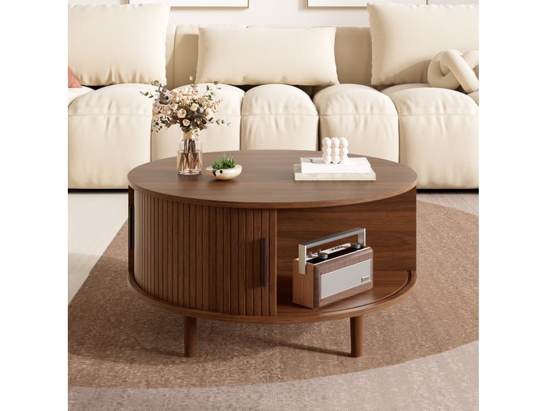  Table basse ronde 80x80x59cm, rangement et porte coulissante, en mdf, plateau réglable en hauteur, pour salon, noyer  - Conforama D