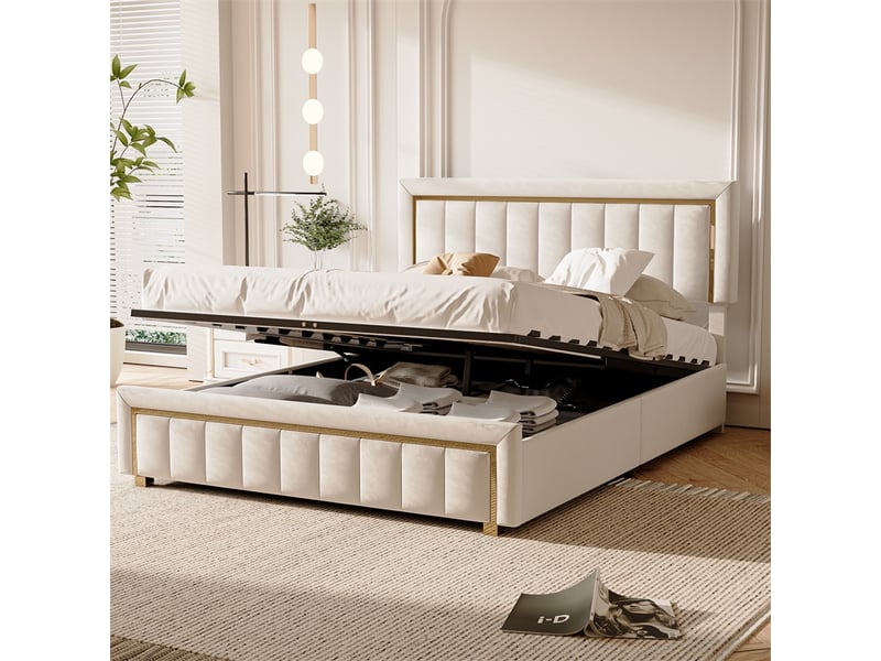  Lit 160x200 cm - lit coffre 160x200 cm - lit double capitonné avec tête de lit réglable et liseré doré - velours blanc cassé  - Conforama B