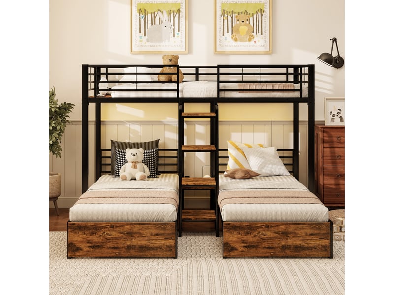  Lit superposé 90x200 cm 3 couchages en l avec échelle, garde-corps et bibliothèque, lit triple gain de place pour enfants, métal et mdf noir  - Conforama D