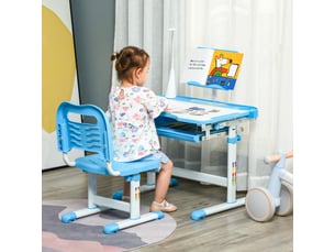 Bureau d'écolier avec chaise pour enfants de 6 à 12 ans, hauteur et inclinaison réglables, bleu