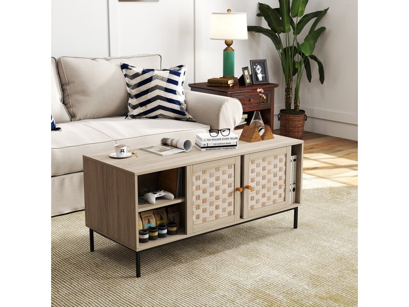 Table basse avec rangement et portes coulissantes, 106 x 50 x 47,5 cm, bois d'ingénierie, chêne - Conforama E