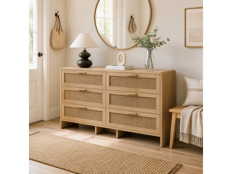  Commode avec 6 tiroirs en rotin, angles arrondis, en panneaux de particules, coloris naturel  - Conforama B