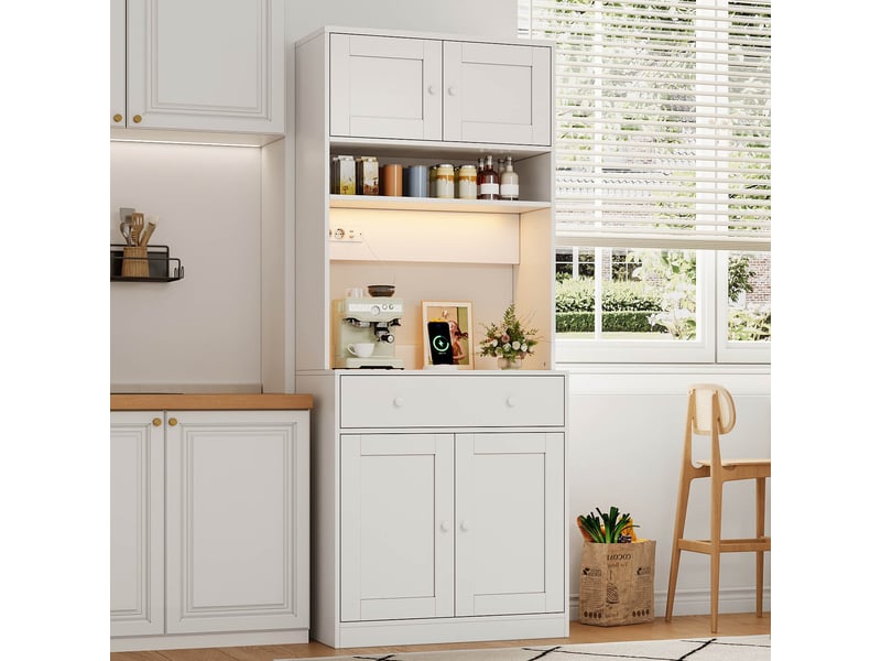  Armoire de cuisine 180 cm blanche, meuble de cuisine avec led et armoire avec grand tiroir, multiprise intégrée  - Conforama R