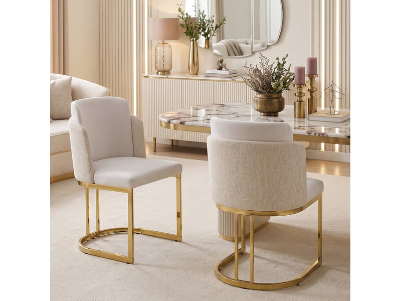  Lot de 2 chaises de salle à manger avec accoudoirs et dossier double en tissu chenille beige et métal doré  - Conforama E