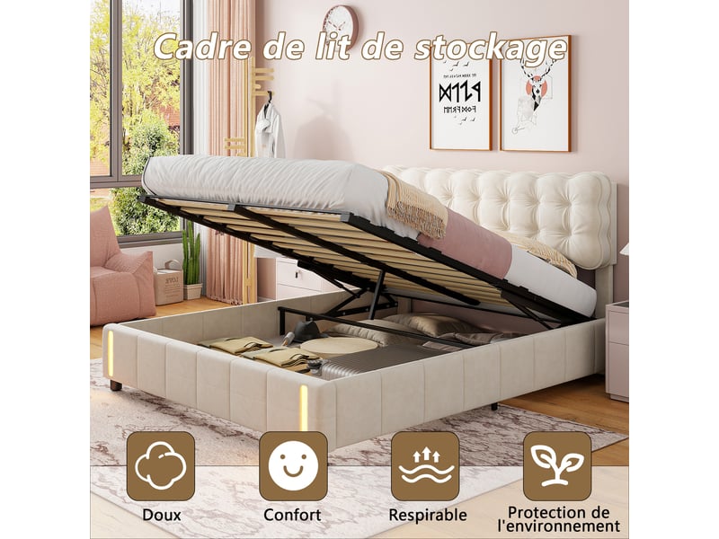  Lit de rangement hydraulique 140×190 cm, avec vérins de relevage hydraulique sous le lit, cadre de lit rembourré en velours, équipé d’un éclairage à détection de mouvement, couleur beige, matelas non … 250512HXF0101#ADHWHyRMtGFRHF - Conforama D