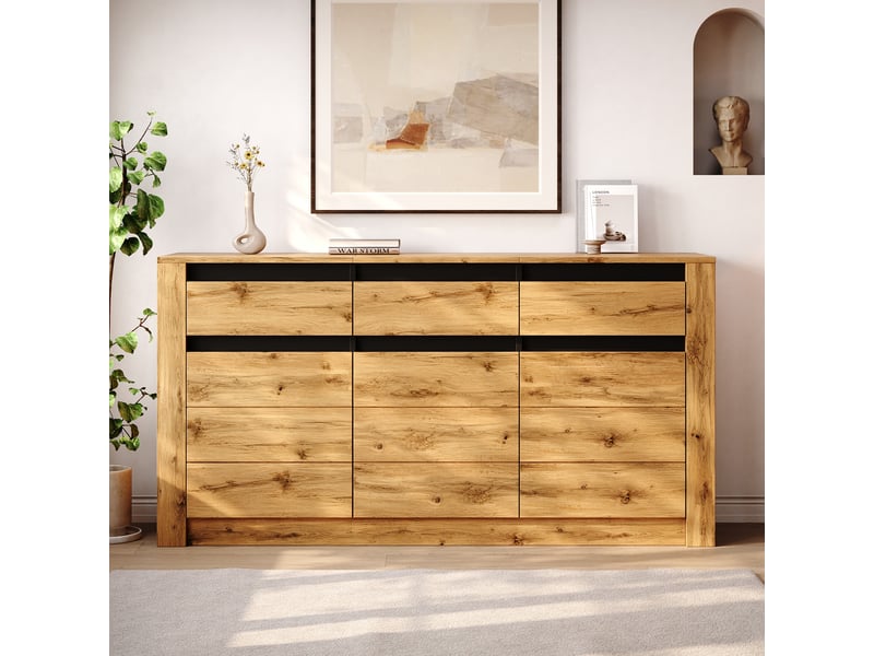 Buffet bois naturel commode 3 tiroirs meuble de rangement 140 cm - 3 portes - Conforama B