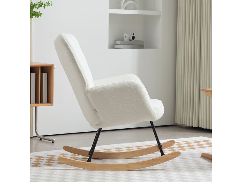 Fauteuil à bascule blanc et fauteuil de relaxation pour salon, tissu aspect polaire berbère, pieds en bois, 120 kg max - Conforama D