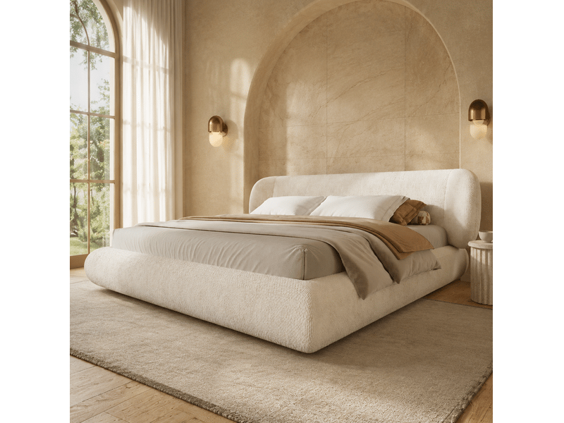Lit double 160x200 cm en chenille beige avec tête de lit et sommier à lattes - Conforama B