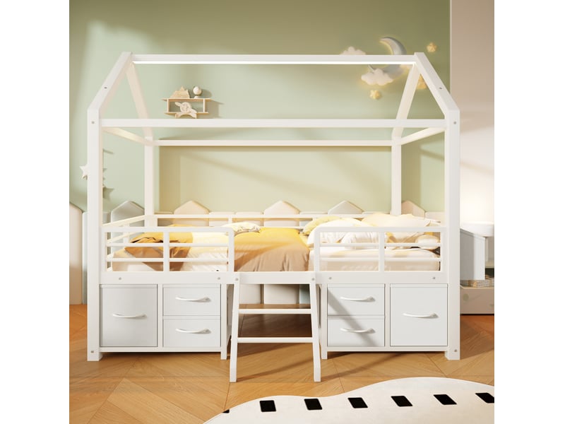  Lit mezzanine enfant modenvie toit maison 90 x 200 cm avec rangements led métal mdf blanc  - Conforama D