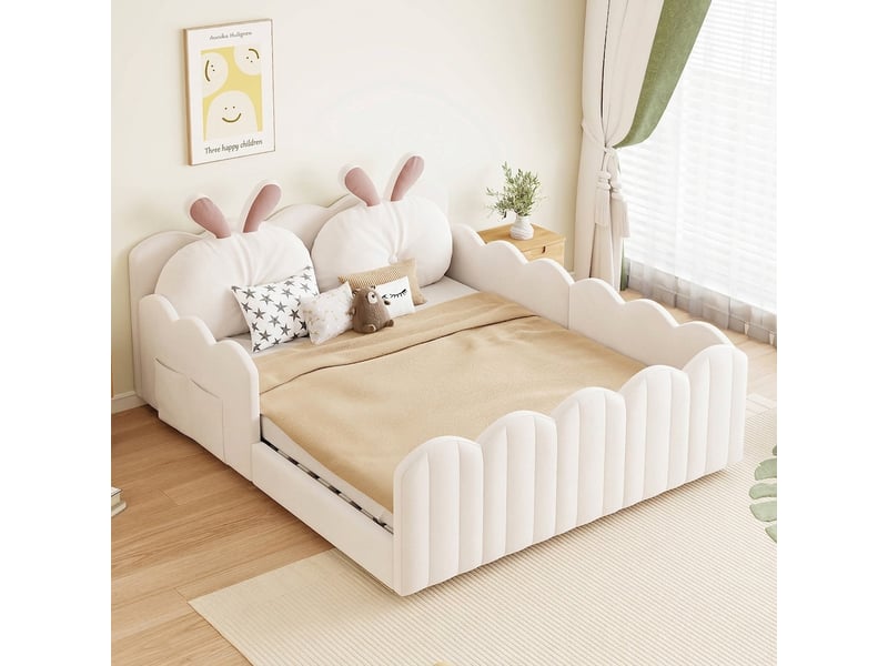  Lit plateforme 140x200 tapissé avec tête de lit lapin beige  - Conforama C