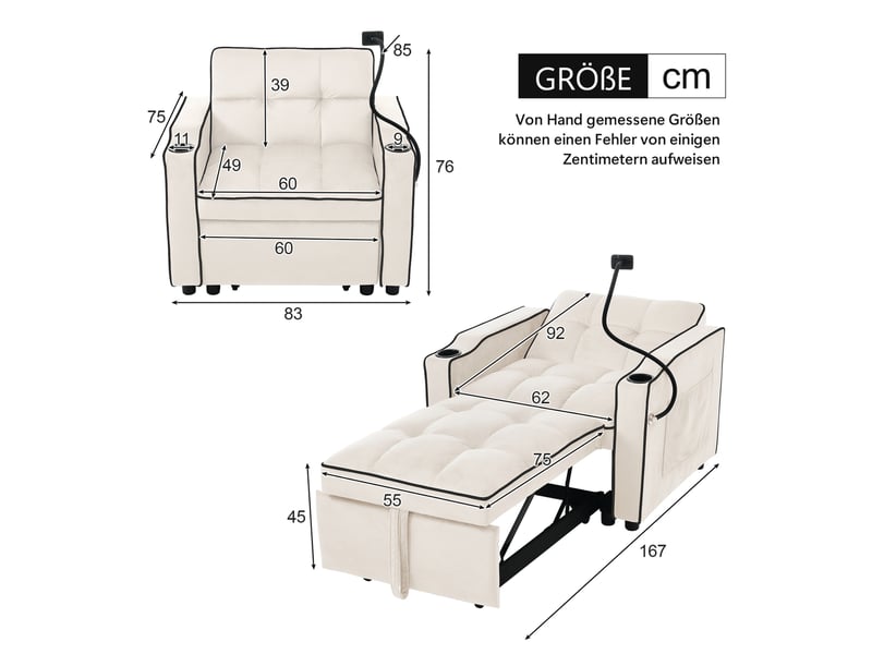  Fauteuil convertible tcqpz 3 en 1 extensible 83 x 167 x 76 cm dossier réglable velours beige  - Conforama C