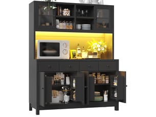 Buffet haut noir 140 x 38,5 x 180 cm avec éclairage led rgb contrôlé par application, portes vitrées, 4 tiroirs
