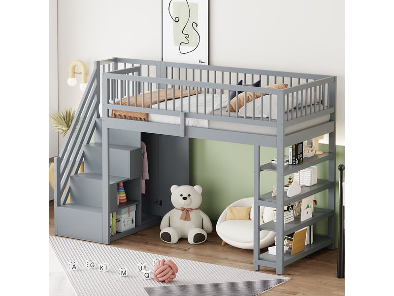 Lit mezzanine enfant tcqpz 90 x 200 cm avec armoire étagères et rangement gris - Conforama B