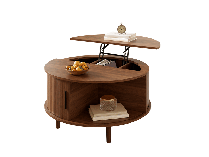 Table basse ronde 80x80 cm relevable avec rangement, coloris noyer - Conforama A