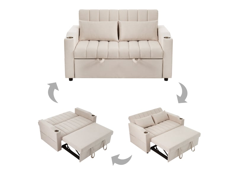  Canapé droit convertible 2 places avec dossier réglable, fonction lit, porte-gobelet et coussins  - Conforama E