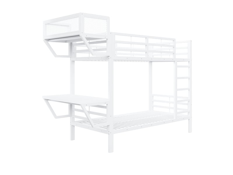 Lit superposé 90 x 200 cm, bureau et étagères intégrés, échelle, sommier à lattes, couchage gain de place enfant et adulte, métal, blanc evarich - Conforama D