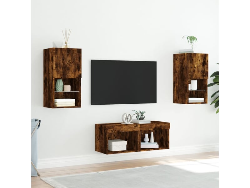  Meuble tv - banc tv - meuble de rangement muraux 4 pcs avec lumières led chêne fumé  - Conforama D