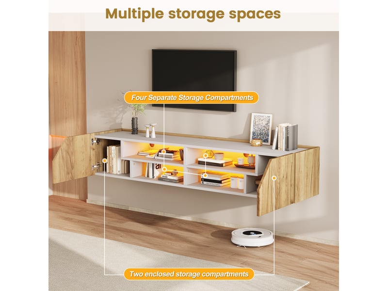  Meuble tv mural 180 x 36,5 x 40 cm blanc et bois naturel avec led rgb bluetooth  - Conforama D
