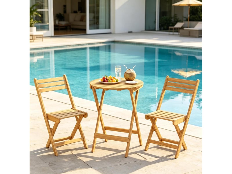 Ensemble détente extérieur avec 1 table et 2 chaises pliantes pour 2 personnes, en bois d'acacia naturel - Conforama B