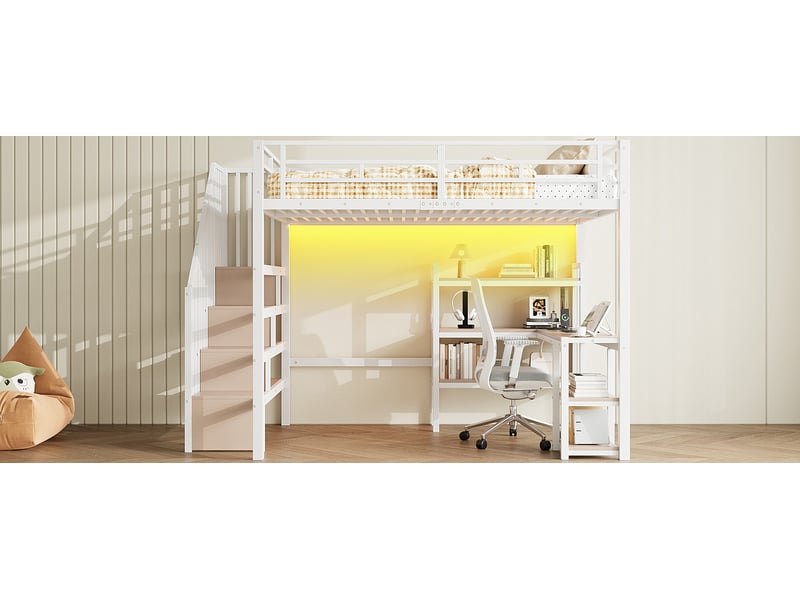  Lit mezzanine double 140×200 cm avec bureau, led, usb et étagères - okmyhome- blanc, sans matelas  - Conforama E