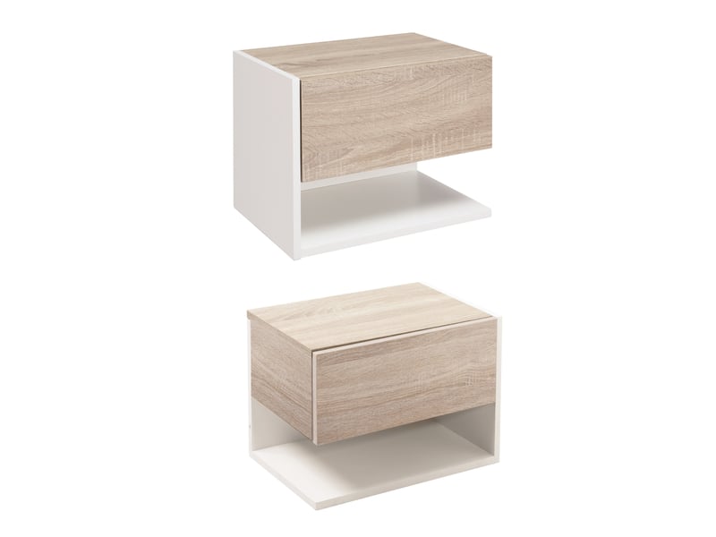  Ensemble de 2 tables de chevet suspendues, avec 1 tiroir et une étagère ouverte, 46 x 30 x 30 cm, chêne et blanc  - Conforama B