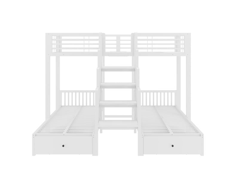  Lit superposé triple 90x200 cm avec escalier, tiroirs et barrières, blanc, sans matelas  - Conforama R