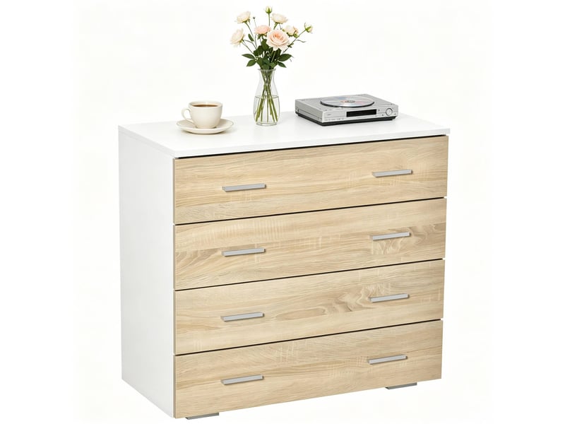  Commode 4 tiroirs 76 x 35 x 72 cm blanc et bois clair, panneau de particules avec dispositif anti-basculement  - Conforama A