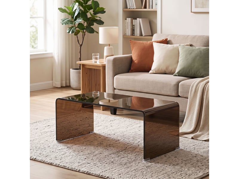  Table basse en verre, table de salon rectangulaire design moderne avec bords arrondis sûrs, marron transparent  - Conforama A
