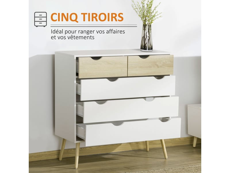  Commode 5 tiroirs design scandinave meuble de rangement chambre panneau de particules 99 x 39 x 101 cm blanc aspect chêne clair  - Conforama D