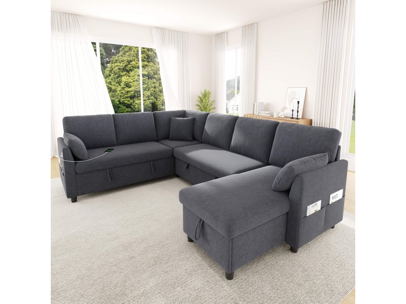  Canapé d'angle convertible 6 places 255 × 196 cm, rangement et usb-ausb-c, gris IKSETERA TRADING LTD - Conforama D