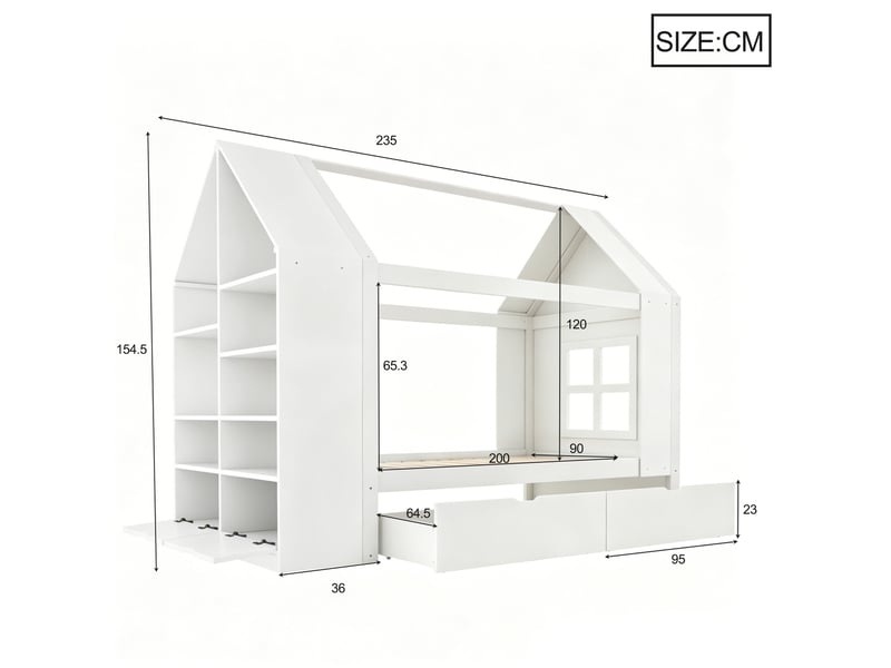  Lit cabane enfant modenvie 90 x 200 cm avec 2 tiroirs, led, rangement, cadre à lattes, bois et mdf, blanc  - Conforama C