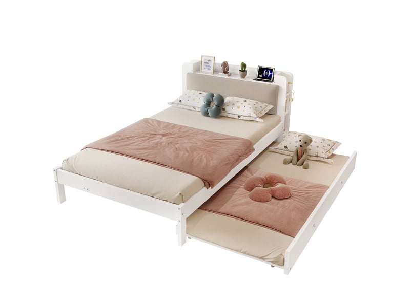 Lit gigogne 120x200 cm blanc en bois, lit 2 en 1 avec couchage 90x190 réversible, tête rembourrée, étagères et station de charge  - Conforama A