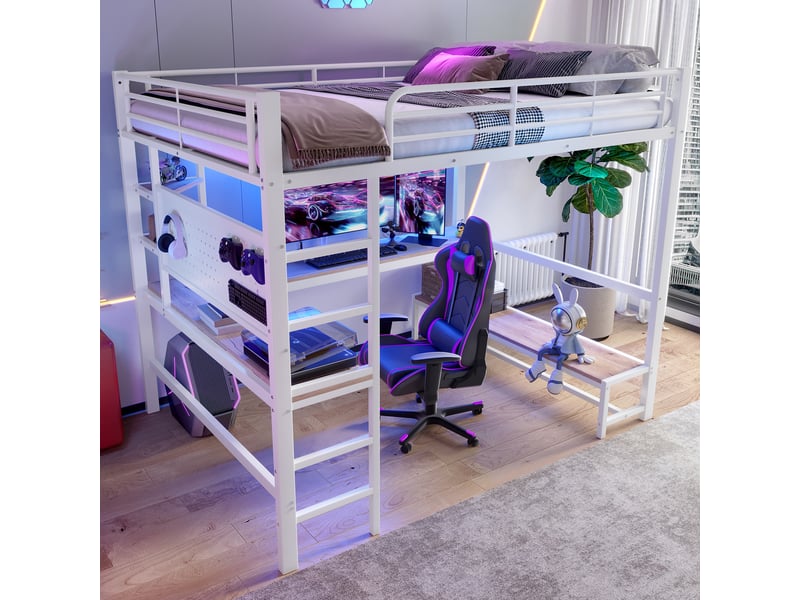  Lit mezzanine 140x200 cm coloris blanc led métal lit enfant blanc - Conforama E