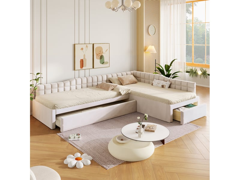 Lit d’angle rembourré 90x200 cm avec lit gigogne, tiroirs et flanelle beige - Conforama B