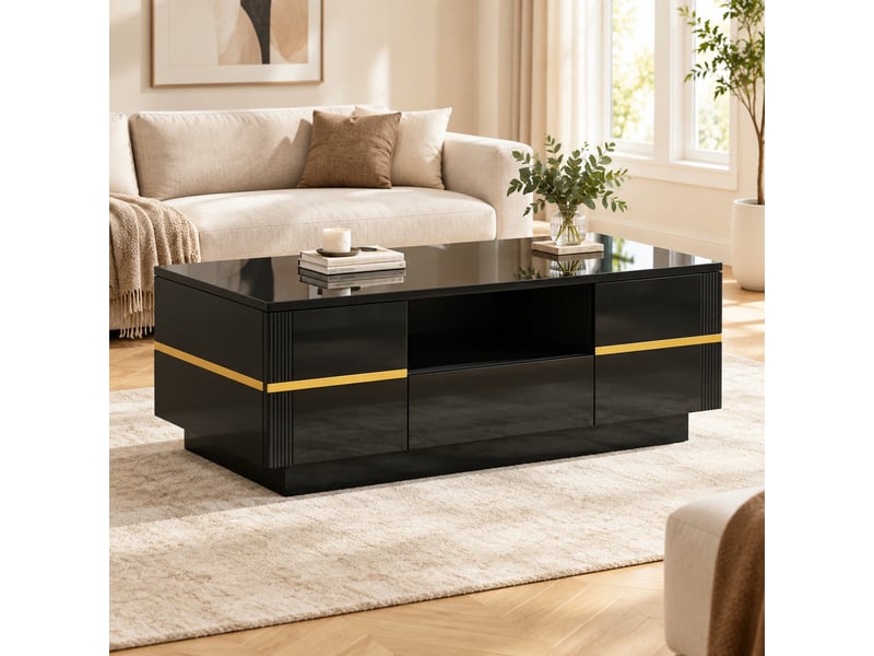  Table basse led avec 2 portes, 1 tiroir et niche ouverte, finition brillante noire et accents dorés, 100 × 50 × 35,5 cm  - Conforama C