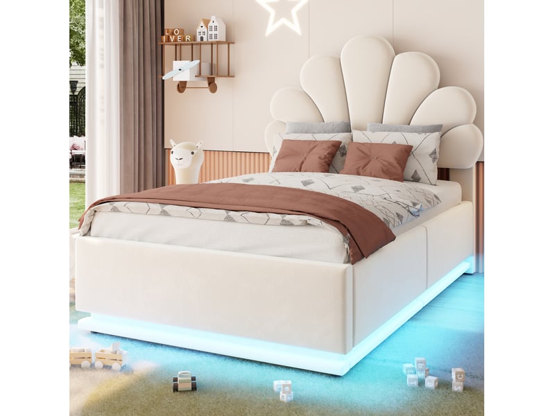  Lit coffre modenvie 90 x 200 cm avec tête de lit fleurie, éclairage led, rangement hydraulique, velours beige et cadre métallique  - Conforama E