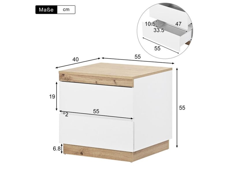  Table de chevet 2 tiroirs - écologique e1, support 40 kg &amp; design blancchêne - matériau certifié - 55x40x55cm bicolore - Conforama E