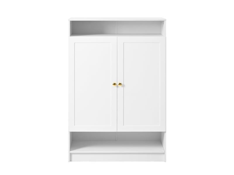  Meuble à chaussures 146x34x109 cm, 2 portes, étagères réglables, panneau de particules et métal, blanc  - Conforama E