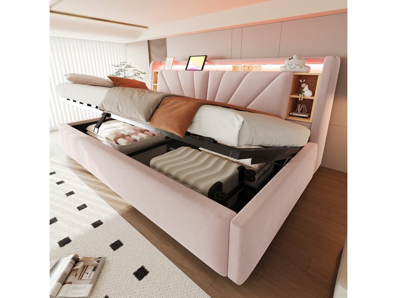  Lit coffre rembourré 90 x 200 cm – avec étagères – avec compartiments de rangement – ​​avec éclairage led et port usb – rose (matelas non inclus)  - Conforama E