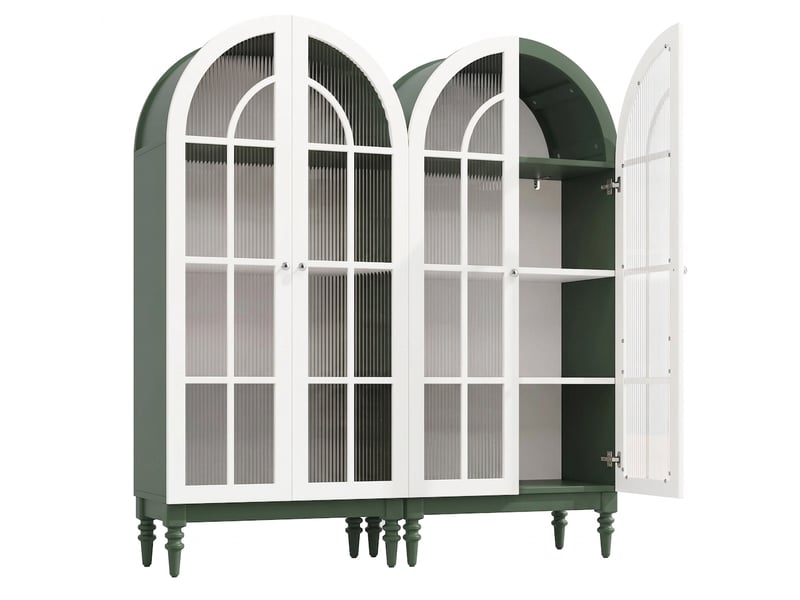  Buffet de cuisine vitrine 165 cm vert foncé avec portes en verre strié et 3 niveaux de rangement  - Conforama A