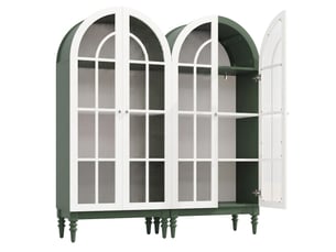 Buffet de cuisine vitrine 165 cm vert foncé avec portes en verre strié et 3 niveaux de rangement
